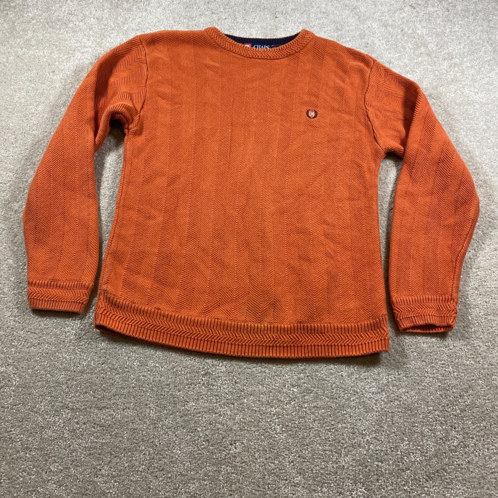 Chaps Sweater Mens Small Orange Herringbone Textured Cotton Crewneck Pullover